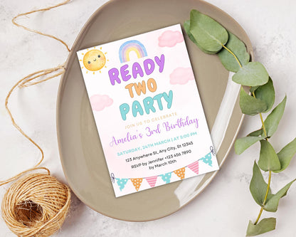 Einladung zum 2. Geburtstag mit Regenbogenmotiv: Bearbeitbare Vorlage für eine Mädchenparty (Digitaler Download)