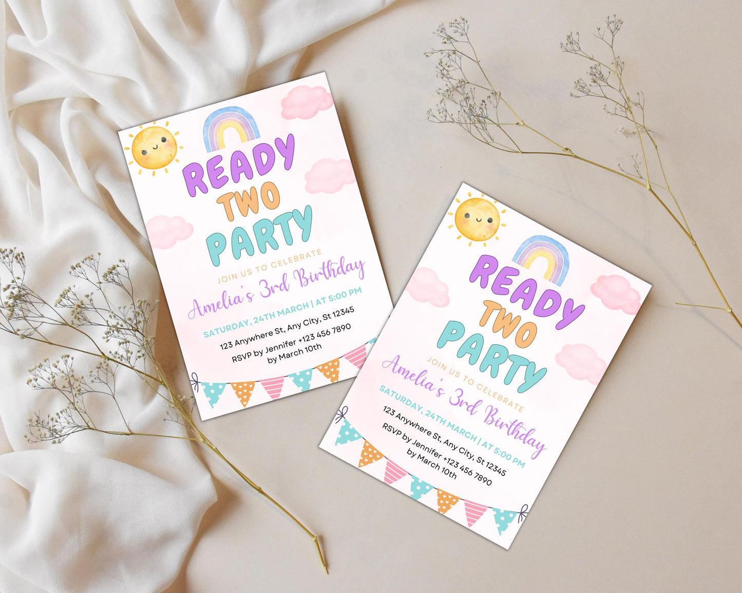 Einladung zum 2. Geburtstag mit Regenbogenmotiv: Bearbeitbare Vorlage für eine Mädchenparty (Digitaler Download)