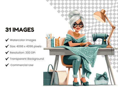 Stylish Women Sewing Machine Clipart, Funny Seamstress Clipart png, Quirky Tailor Cartoon Clipart png, Sewing Machine Clipart, Women Tailor