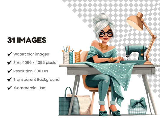 Stylish Women Sewing Machine Clipart, Funny Seamstress Clipart png, Quirky Tailor Cartoon Clipart png, Sewing Machine Clipart, Women Tailor