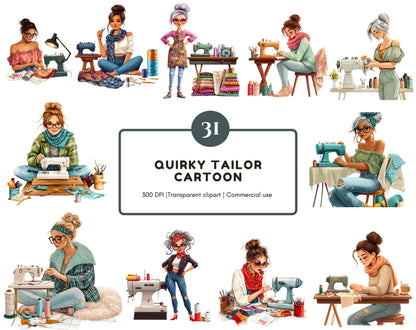Stylish Women Sewing Machine Clipart, Funny Seamstress Clipart png, Quirky Tailor Cartoon Clipart png, Sewing Machine Clipart, Women Tailor
