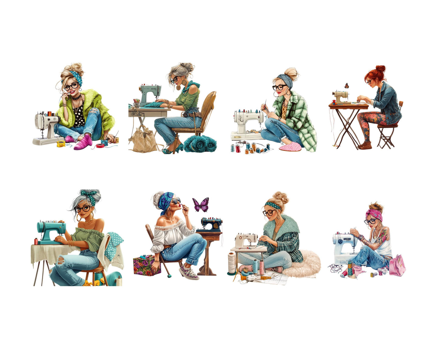 Stylish Women Sewing Machine Clipart, Funny Seamstress Clipart png, Quirky Tailor Cartoon Clipart png, Sewing Machine Clipart, Women Tailor