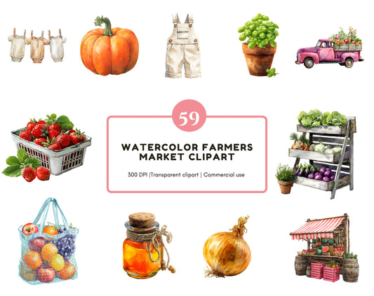 Farmers Market Clipart png Bundle, Watercolor Farmers Market Clipart, Fruit Clipart, Vegetable Clipart, Farm Product Clipart, Garden Clipart