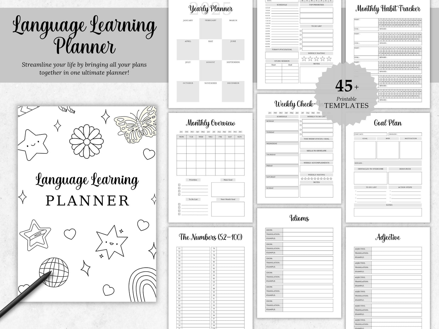 Learning Language Planner Template, Language Study Notebook Planner, Printable Learning Language Planner, Language learning notion template