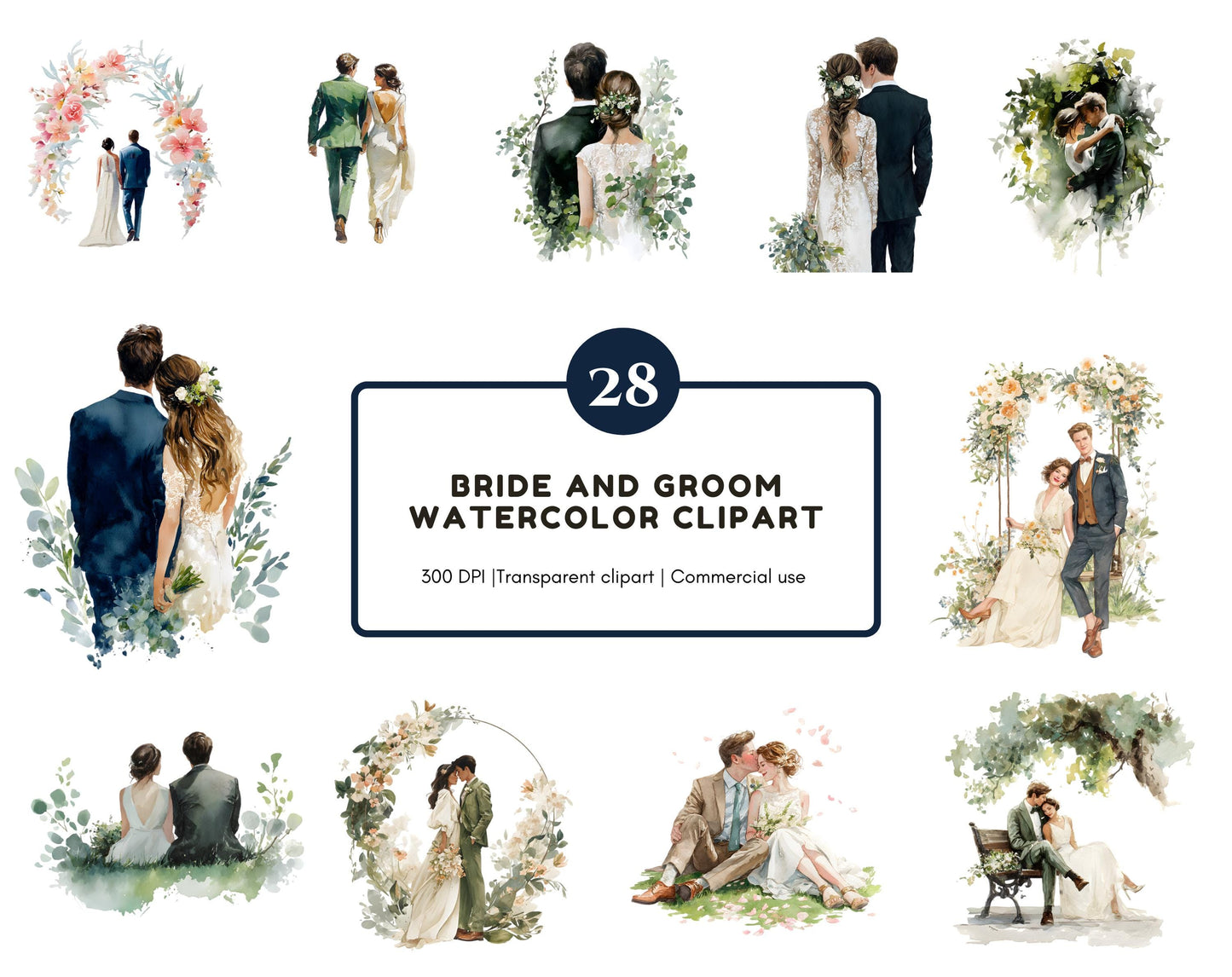 Hochzeitspaar-Clipart-Bundle (PNG), Brautpaar-Clipart (PNG), Liebespaar-Clipart, Paar-Clipart in weißen Kleidern, Brautpaar-Clipart zum Ausdrucken