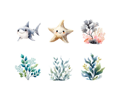 Ensemble d'images clipart d'animaux marins à l'aquarelle, images clipart d'animaux marins mignons (format PNG), images clipart de la vie marine, images clipart sous-marines, images clipart sous-marines (format PNG)