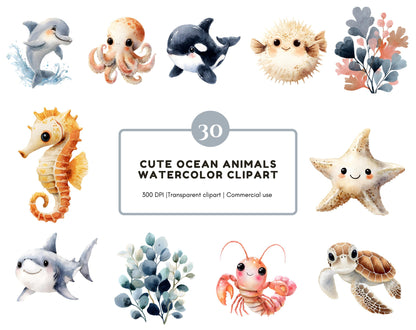 Ensemble d'images clipart d'animaux marins à l'aquarelle, images clipart d'animaux marins mignons (format PNG), images clipart de la vie marine, images clipart sous-marines, images clipart sous-marines (format PNG)