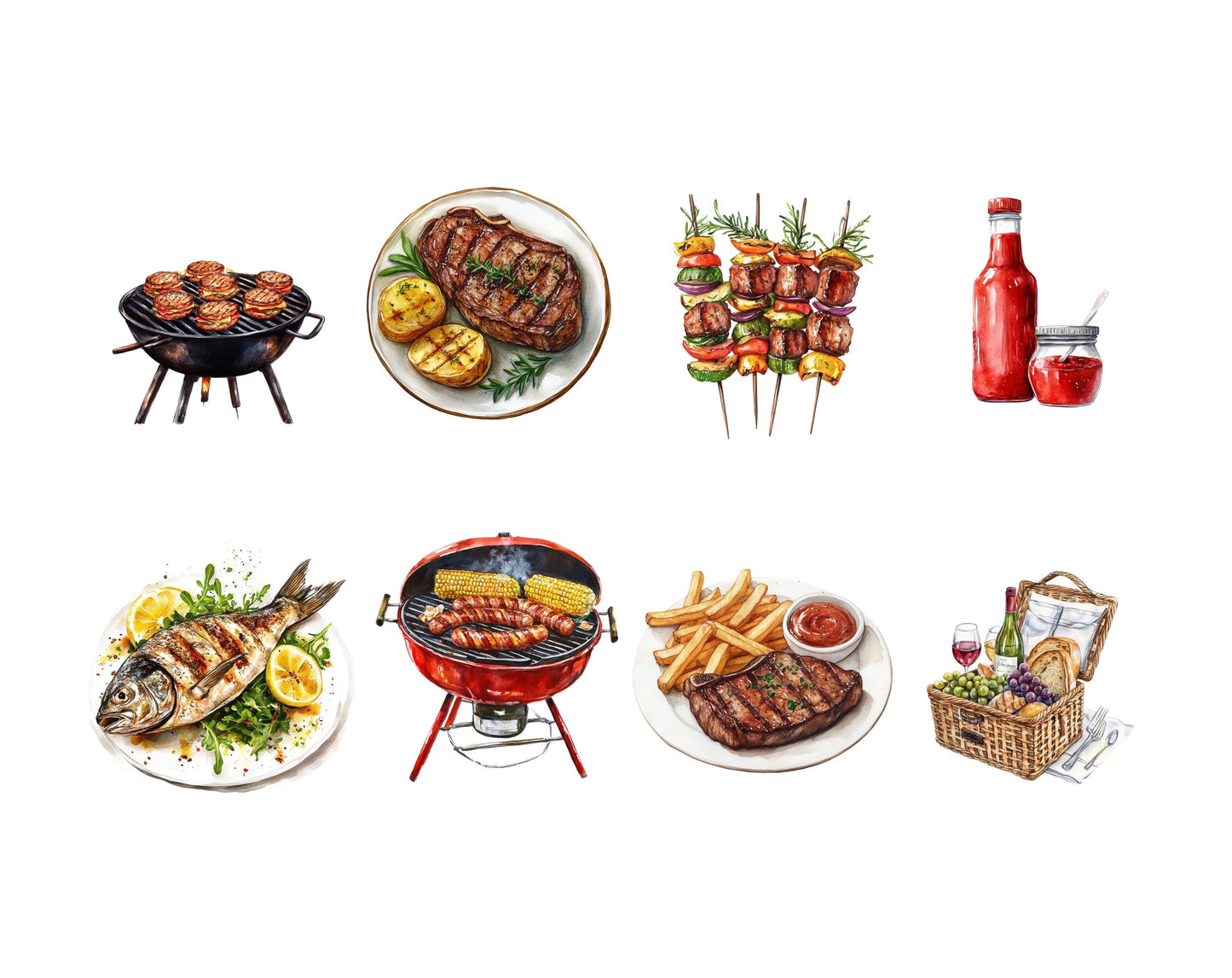 Grill-Clipart-Bundle (PNG), Aquarell-Grill-Clipart (PNG), BBQ-Clipart, Lebensmittel-Clipart, Grillgrafiken, Sofort-Download
