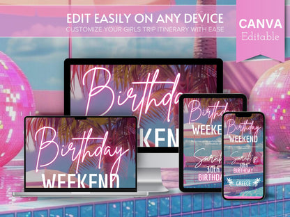 Pink Birthday Weekend Itinerary: Canva Editable Travel Planner (Digital Download)