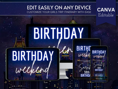 Blue Birthday Travel Itinerary Template: Canva Editable Vacation Planner (Digital Download)