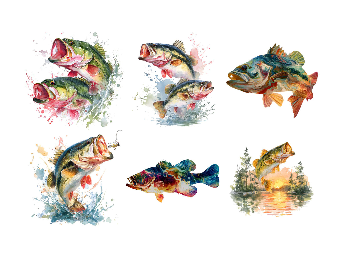 Clipart-Bundle mit springenden Barschen (PNG), Clipart-Sammlung mit springenden Barschen, lustige Barsch-Cliparts, Aquarell-Fisch-Cliparts