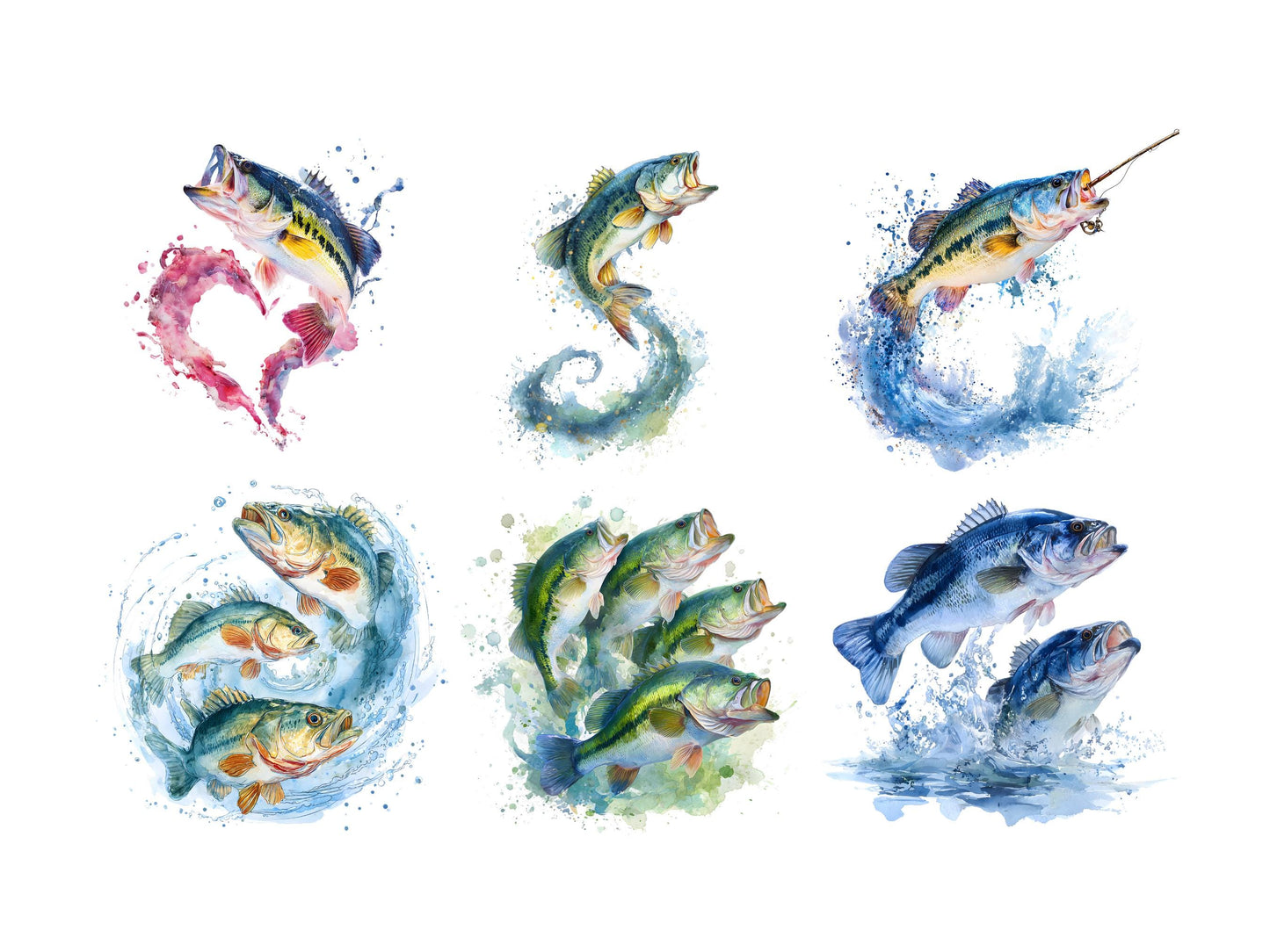 Clipart-Bundle mit springenden Barschen (PNG), Clipart-Sammlung mit springenden Barschen, lustige Barsch-Cliparts, Aquarell-Fisch-Cliparts