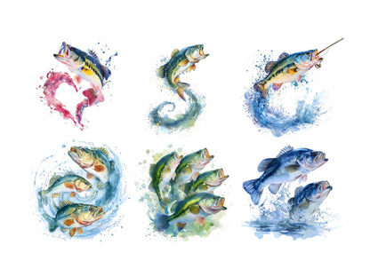 Clipart-Bundle mit springenden Barschen (PNG), Clipart-Sammlung mit springenden Barschen, lustige Barsch-Cliparts, Aquarell-Fisch-Cliparts