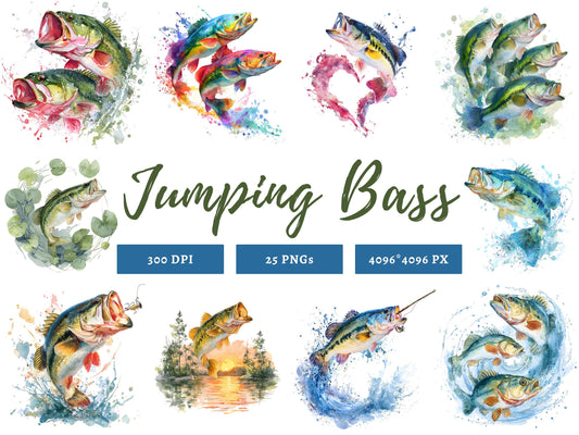 Jumping Bass Fish Clipart png Bundle, Jumping Bass Fish Collection Clipart, Funny Bass Fish Clipart, Watercolor Fish Clipart