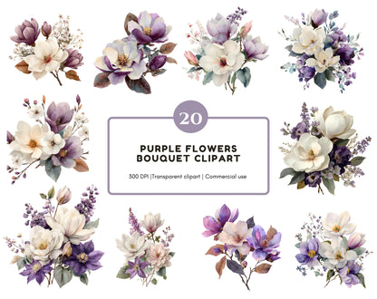 Lila Blumen-Clipart-Bundle (PNG), Aquarell-Clipart lila Blumen, Clipart lila Blumenstrauß (PNG), Sammlung lila Blumen-Clipart
