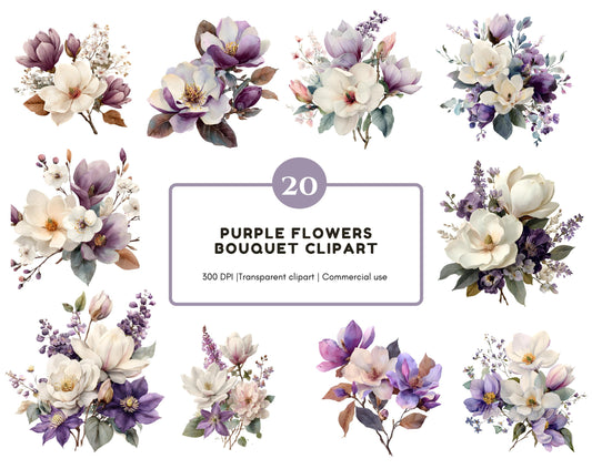 Purple Flower Clipart png Bundle, Watercolor Purple Flower Clipart, Purple Flowers Bouquet Clipart png, Purple Flowers Clipart Collection