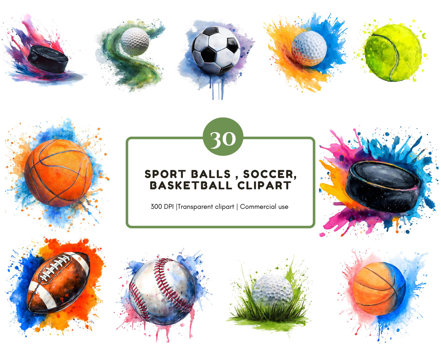 Aquarell-Sportball-Cliparts, Sport-Clipart-Bundle (PNG), Basketball-Cliparts, Fußball-Cliparts, Football-Cliparts, Baseball-Cliparts