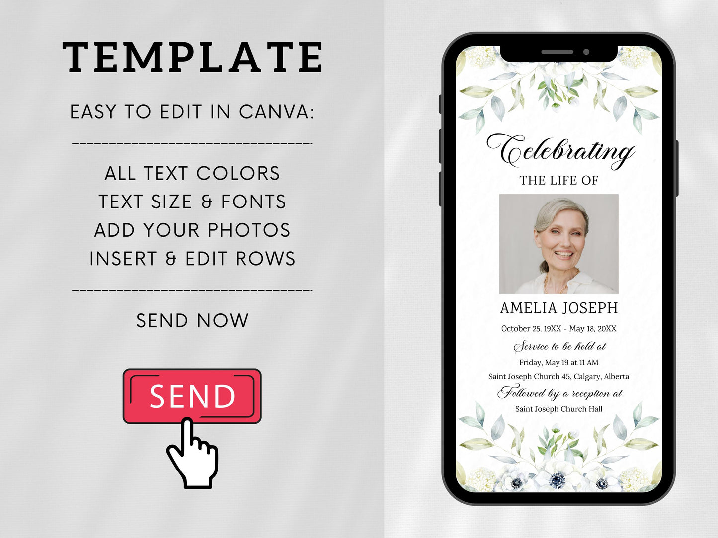 Digital Funeral Program Template: Mobile Memorial Service Announcement (Canva Template)