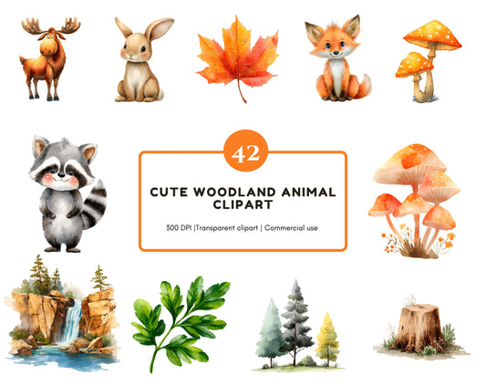 Watercolor Woodland Animal Clipart Bundle, Cute Woodland Animal Clipart png, Woodland Animal png, Forest Animal png, Cute Animal Clipart png
