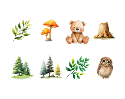 Ensemble d'images clipart d'animaux de la forêt à l'aquarelle, images clipart d'animaux mignons de la forêt (PNG), animaux de la forêt (PNG), animaux de la forêt (PNG), images clipart d'animaux mignons (PNG)