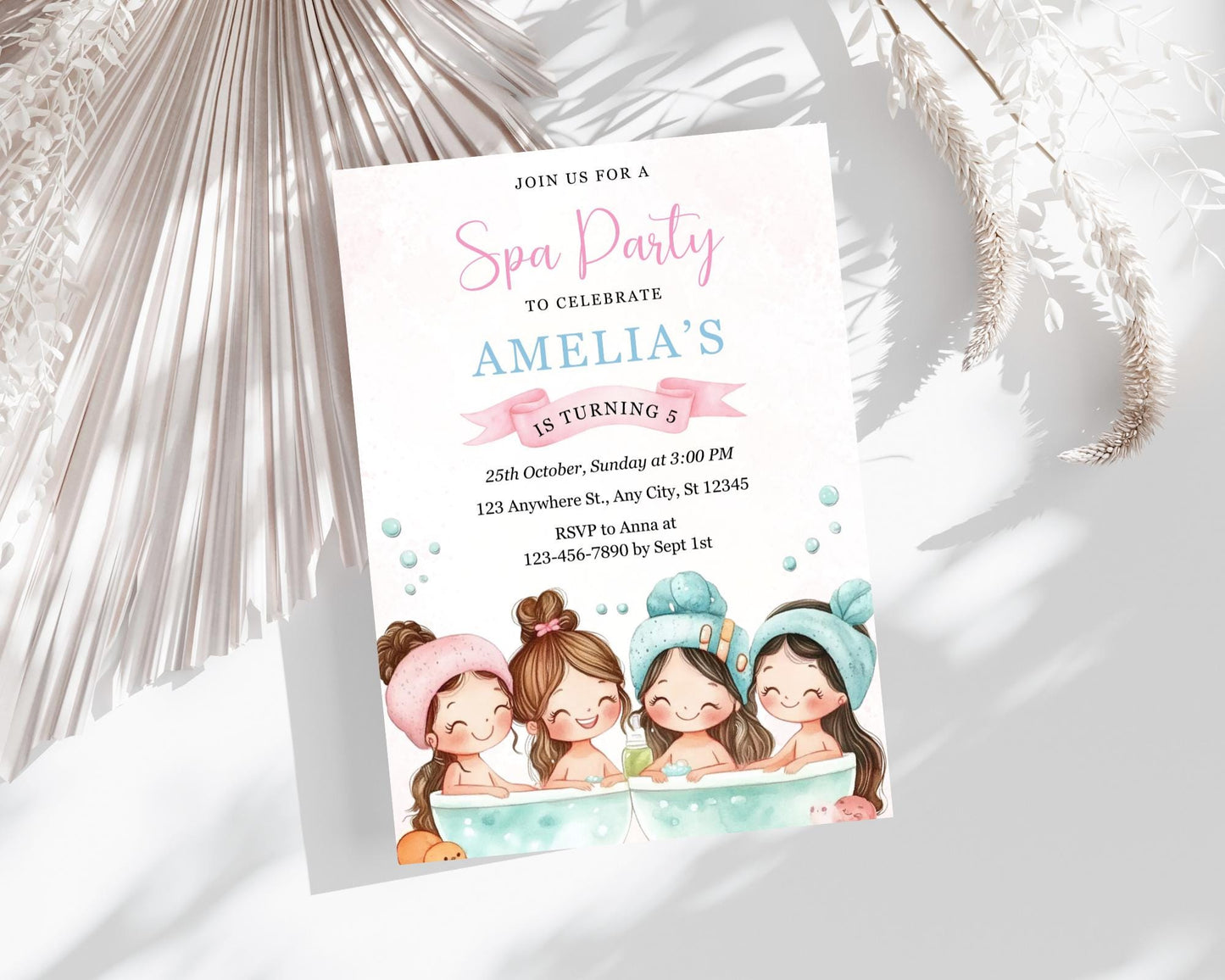 Vorlage für eine Einladung zur Spa-Party: Individuell gestaltbare Geburtstagseinladung (Digitaler Download, 5x7-Zoll-PDF-Datei)