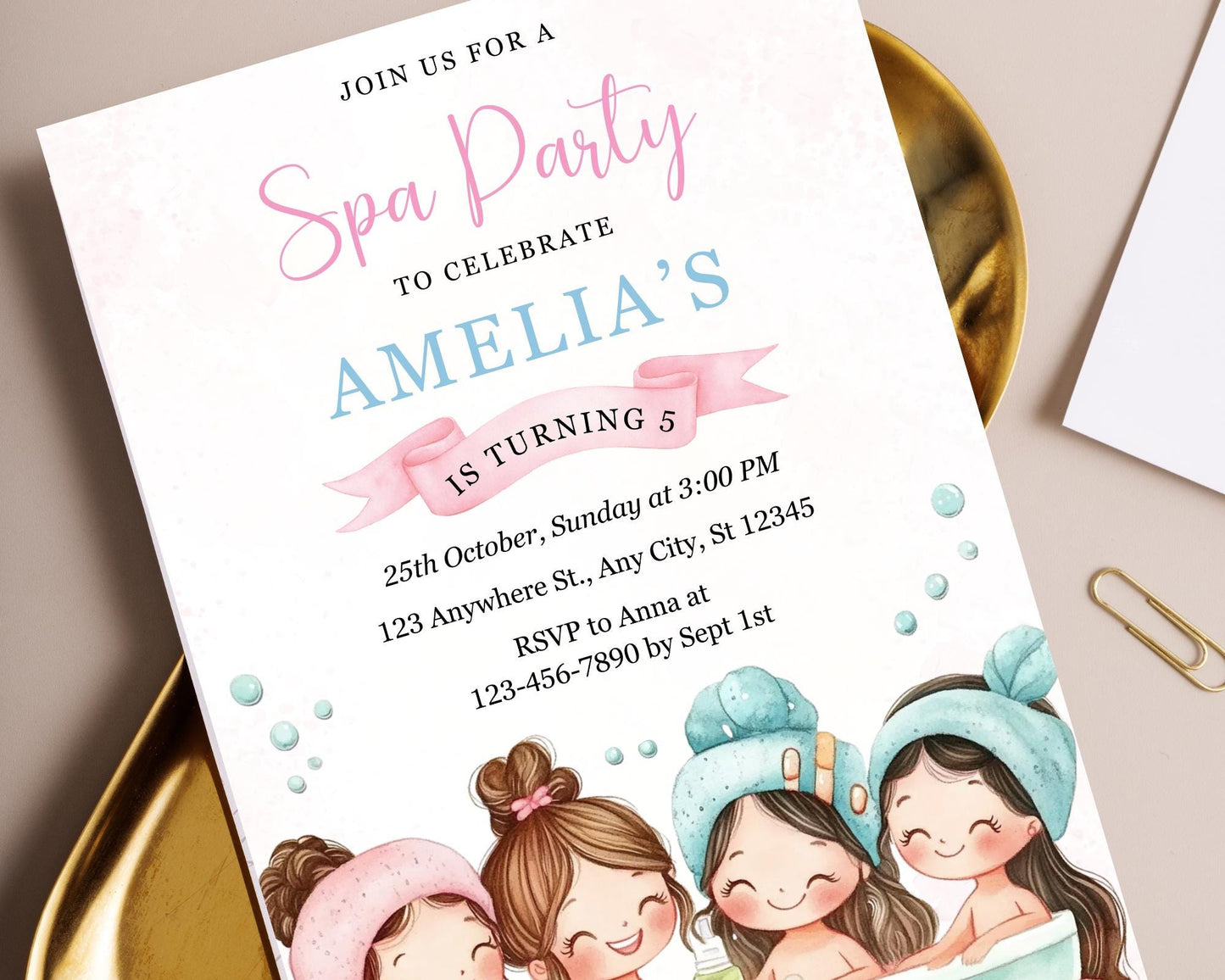 Vorlage für eine Einladung zur Spa-Party: Individuell gestaltbare Geburtstagseinladung (Digitaler Download, 5x7-Zoll-PDF-Datei)