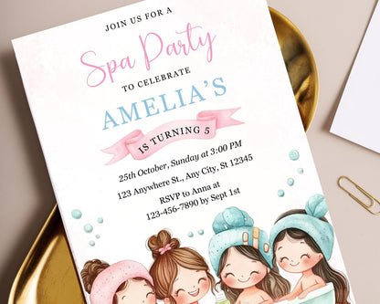 Vorlage für eine Einladung zur Spa-Party: Individuell gestaltbare Geburtstagseinladung (Digitaler Download, 5x7-Zoll-PDF-Datei)