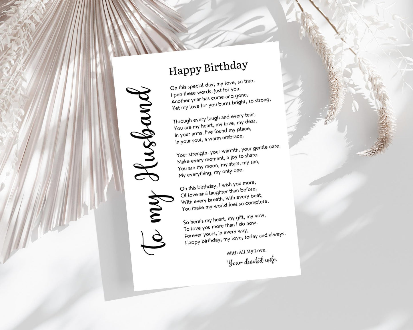 Husband Birthday Poem Card: Romantic Love Note from Wife (Digital Download
