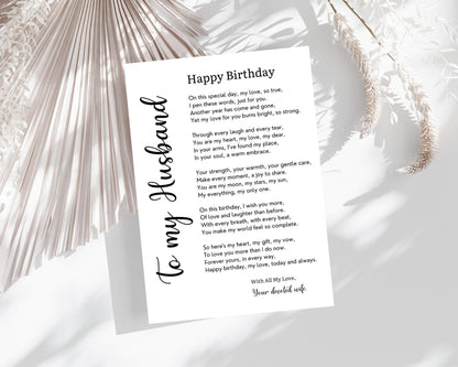 Husband Birthday Poem Card: Romantic Love Note from Wife (Digital Download