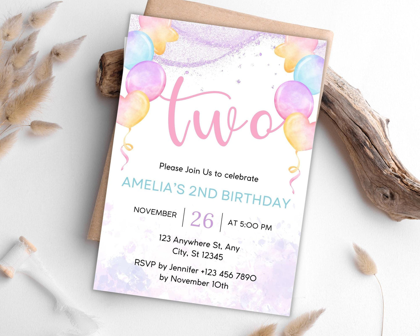 Rainbow Sun 2nd Birthday Invitation: Editable Template (Instant Download