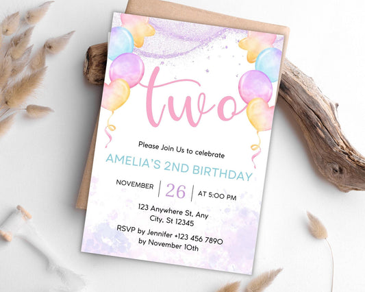 Rainbow Sun 2nd Birthday Invitation: Editable Template (Instant Download