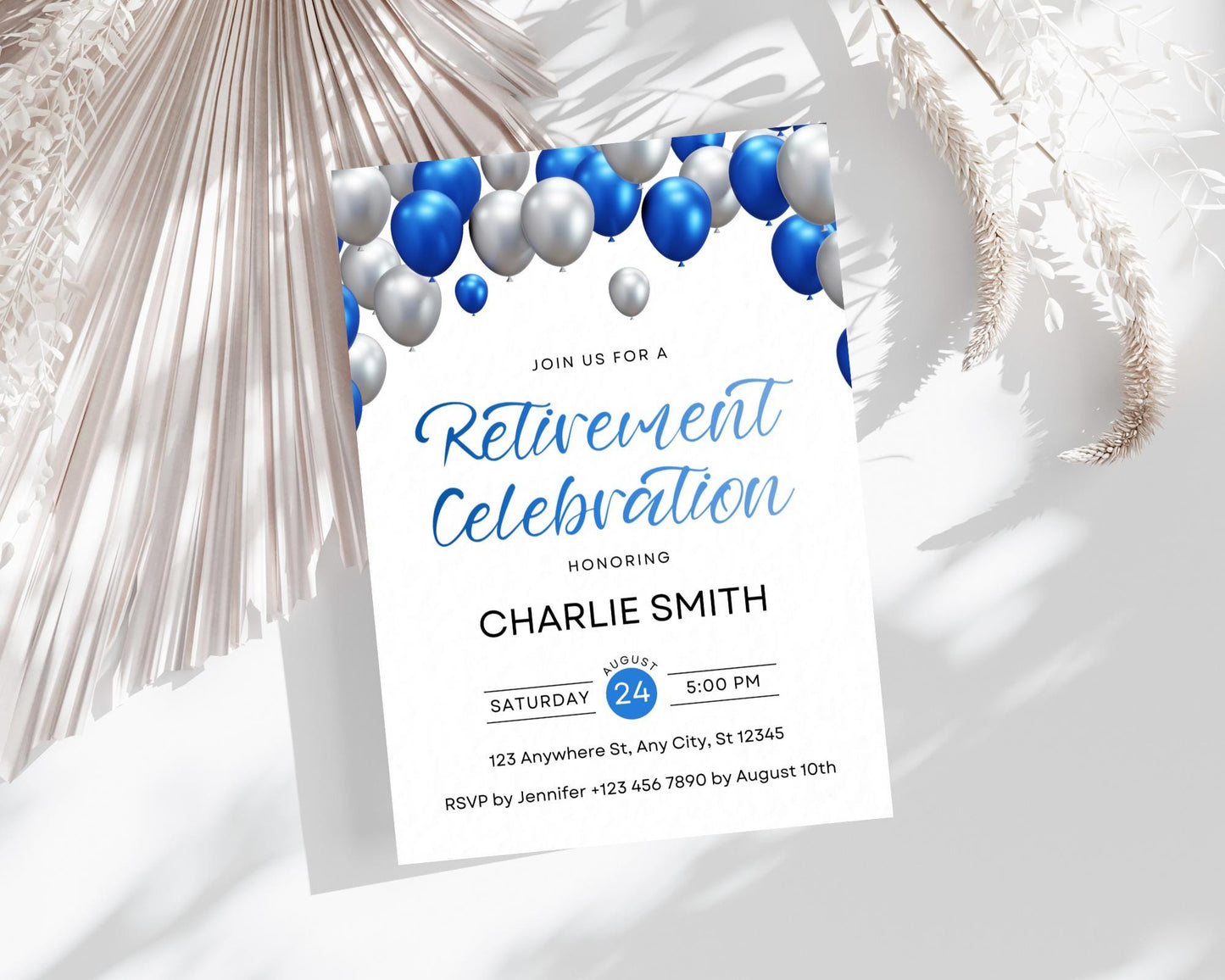 Retirement Party Invitation, Blue Silver Balloon Celebration, Printable Farewell Invitation, Editable Template, Honoring Retiree
