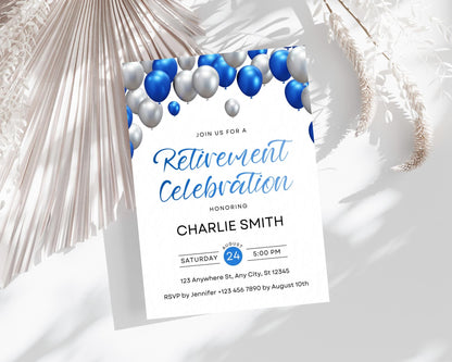 Retirement Party Invitation, Blue Silver Balloon Celebration, Printable Farewell Invitation, Editable Template, Honoring Retiree