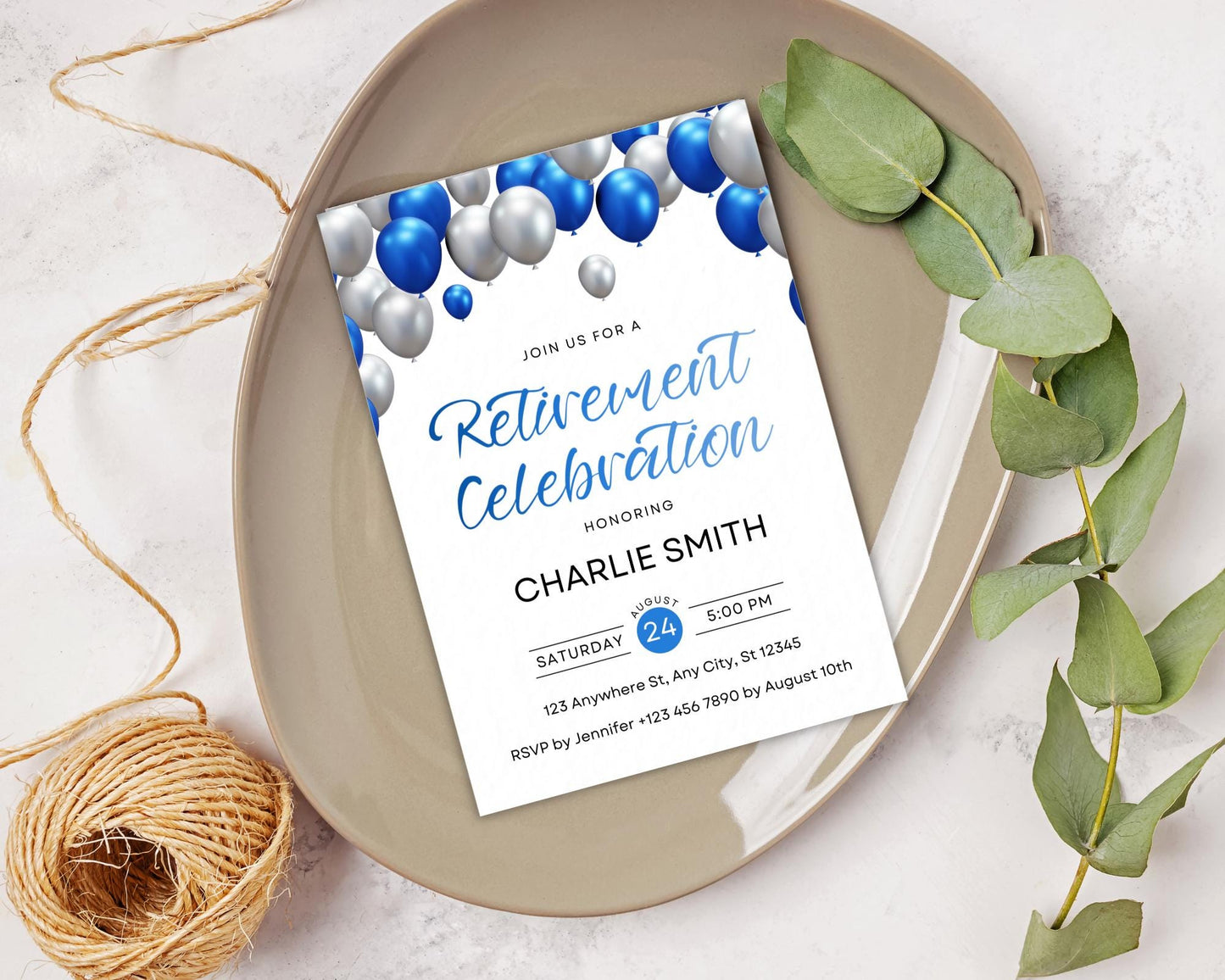 Retirement Party Invitation, Blue Silver Balloon Celebration, Printable Farewell Invitation, Editable Template, Honoring Retiree