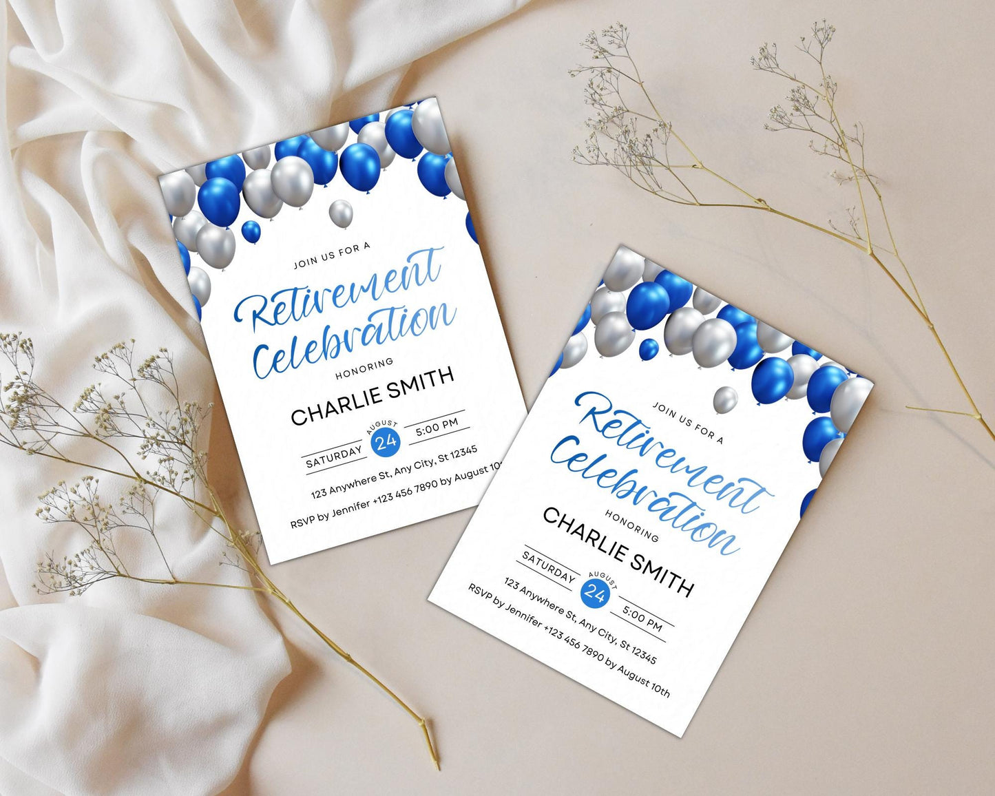 Retirement Party Invitation, Blue Silver Balloon Celebration, Printable Farewell Invitation, Editable Template, Honoring Retiree