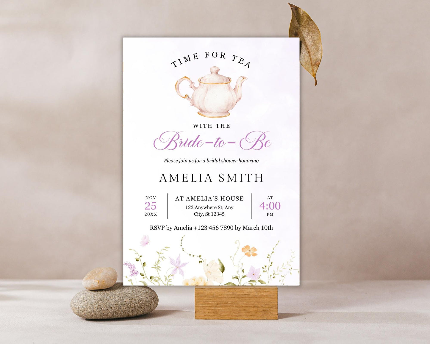 Tea Party Bridal Shower Invitation: Floral Teapot, Editable 5x7 (Canva Template, Digital Download)