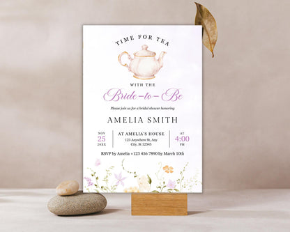 Tea Party Bridal Shower Invitation: Floral Teapot, Editable 5x7 (Canva Template, Digital Download)