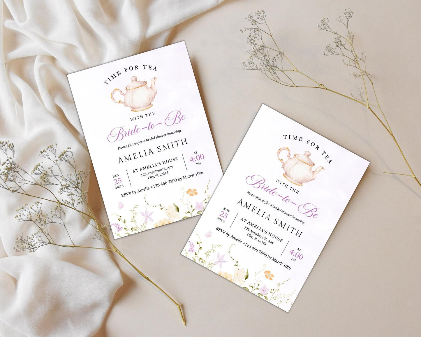 Tea Party Bridal Shower Invitation: Floral Teapot, Editable 5x7 (Canva Template, Digital Download)