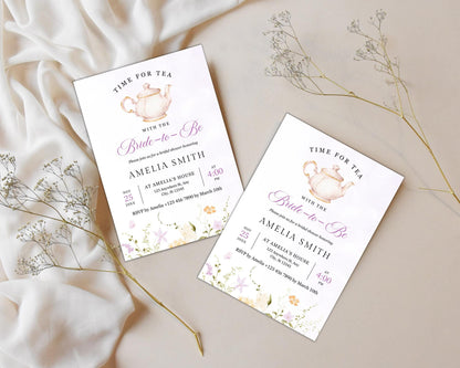 Tea Party Bridal Shower Invitation: Floral Teapot, Editable 5x7 (Canva Template, Digital Download)