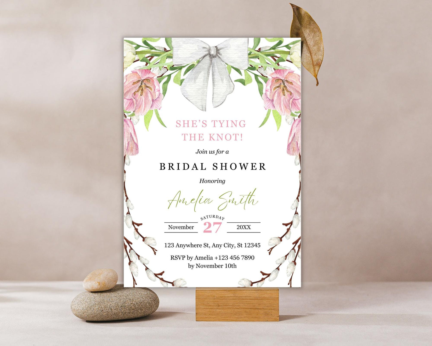 Floral Bow Bridal Shower Invitation: Pink & Green Editable Template (Digital Download)