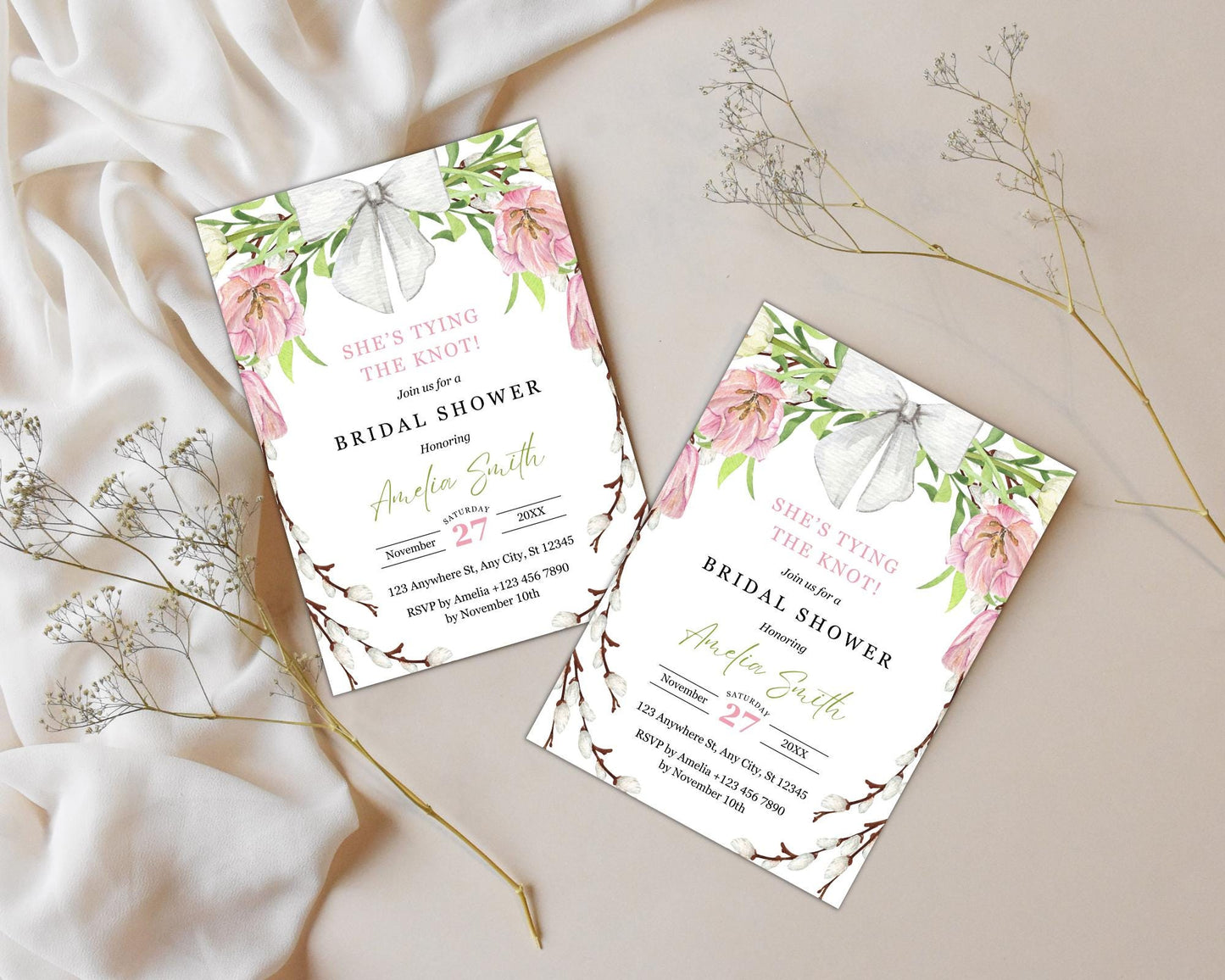 Floral Bow Bridal Shower Invitation: Pink & Green Editable Template (Digital Download)