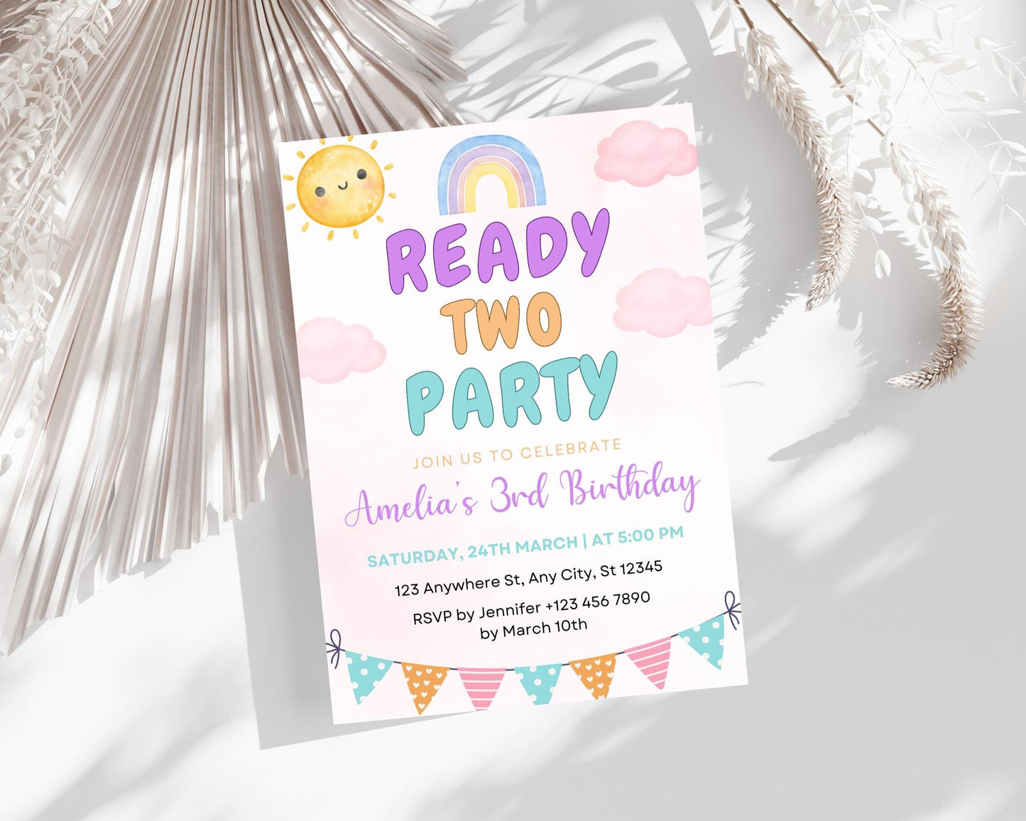 Einladung zum 2. Geburtstag mit Regenbogenmotiv: Bearbeitbare Vorlage für eine Mädchenparty (Digitaler Download)