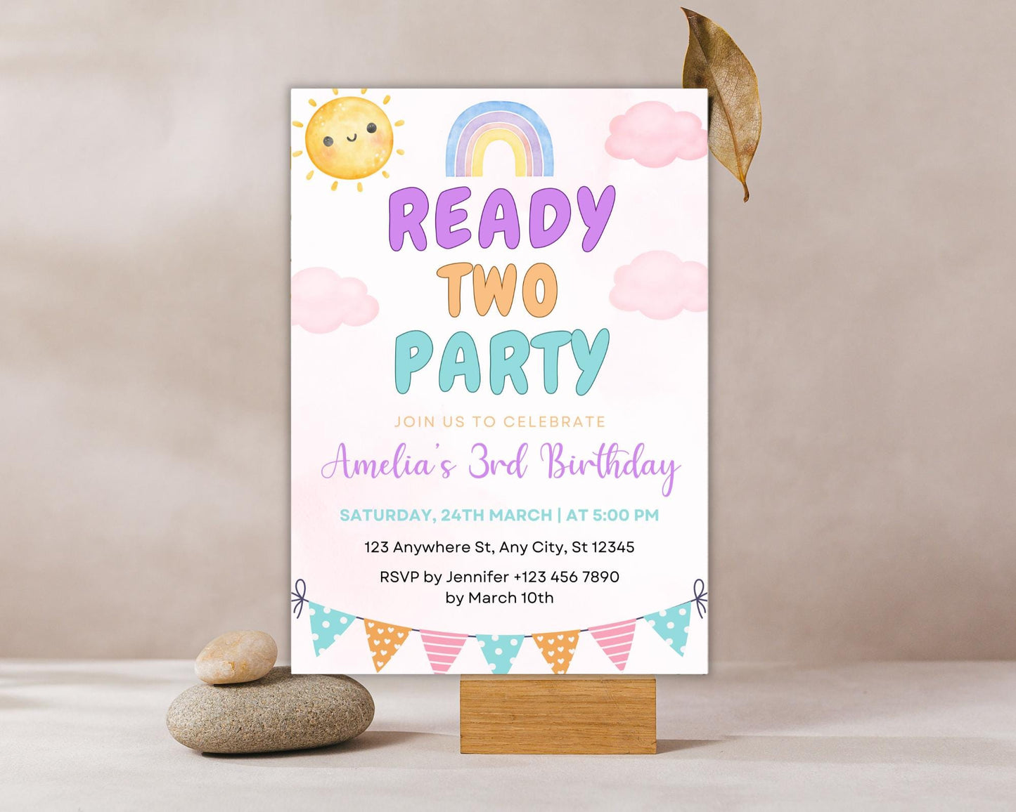 Einladung zum 2. Geburtstag mit Regenbogenmotiv: Bearbeitbare Vorlage für eine Mädchenparty (Digitaler Download)