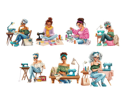 Stylish Women Sewing Machine Clipart, Funny Seamstress Clipart png, Quirky Tailor Cartoon Clipart png, Sewing Machine Clipart, Women Tailor