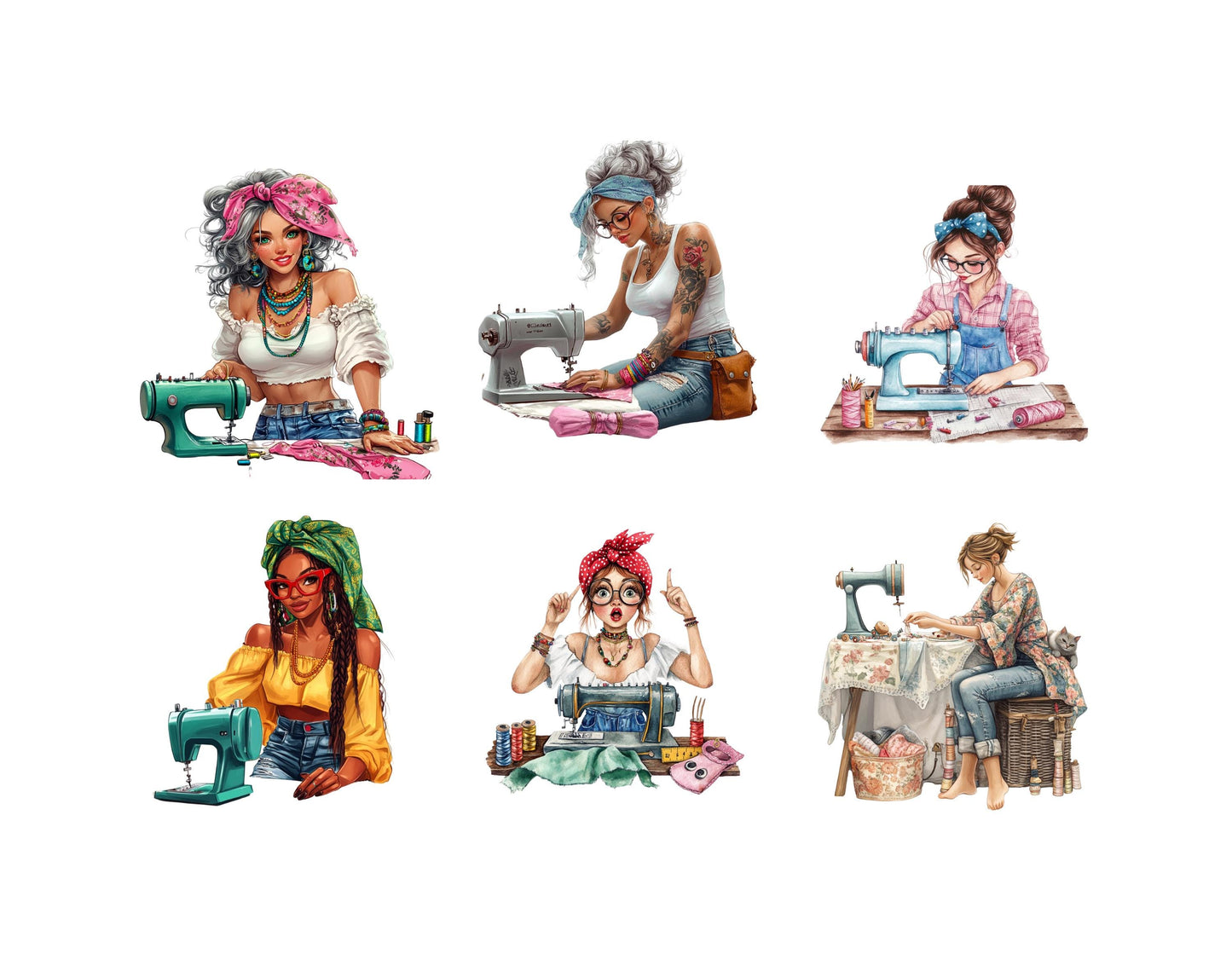 Stylish Women Sewing Machine Clipart, Funny Seamstress Clipart png, Quirky Tailor Cartoon Clipart png, Sewing Machine Clipart, Women Tailor