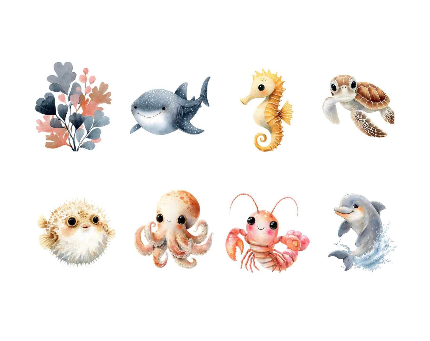 Ensemble d'images clipart d'animaux marins à l'aquarelle, images clipart d'animaux marins mignons (format PNG), images clipart de la vie marine, images clipart sous-marines, images clipart sous-marines (format PNG)