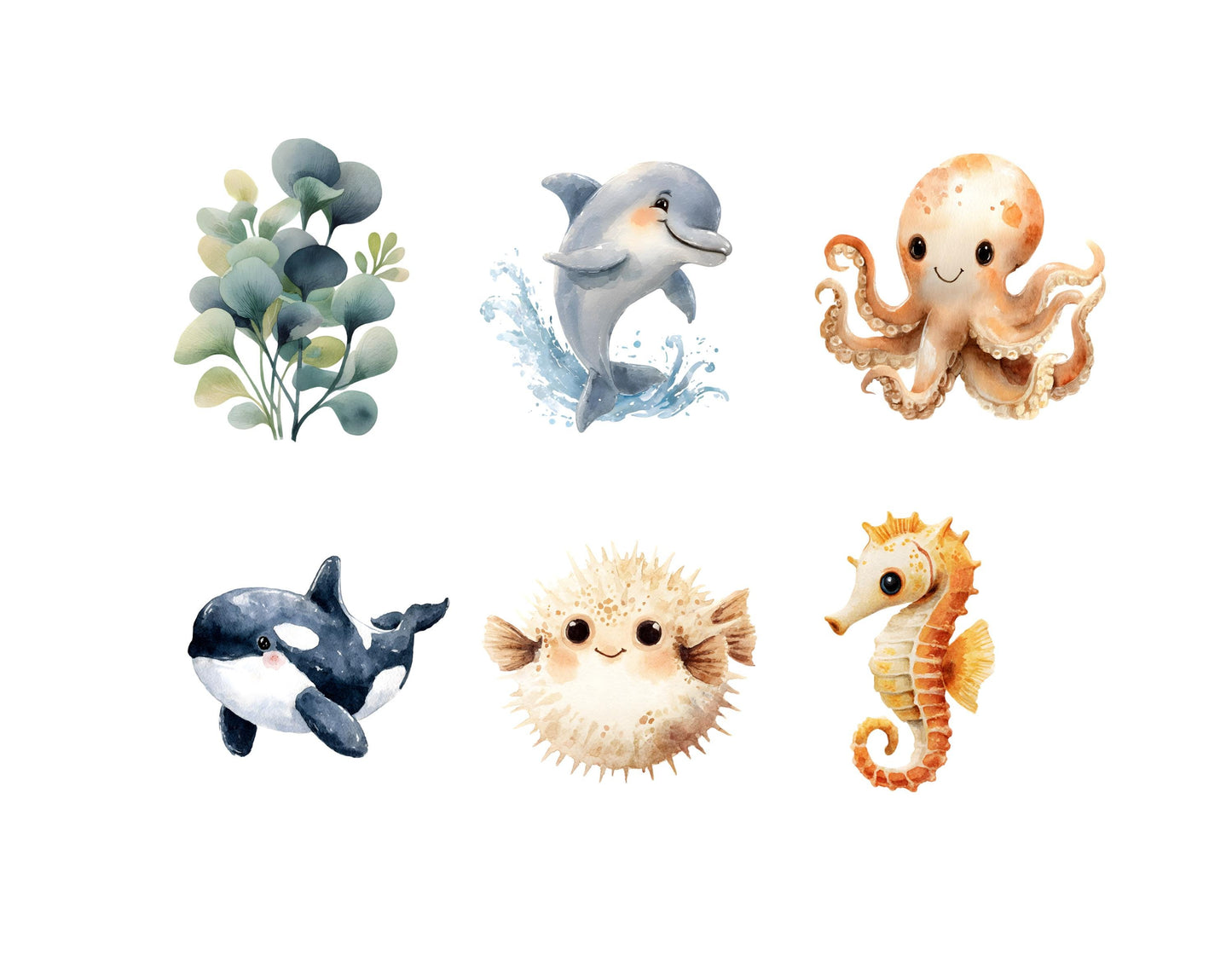 Ensemble d'images clipart d'animaux marins à l'aquarelle, images clipart d'animaux marins mignons (format PNG), images clipart de la vie marine, images clipart sous-marines, images clipart sous-marines (format PNG)