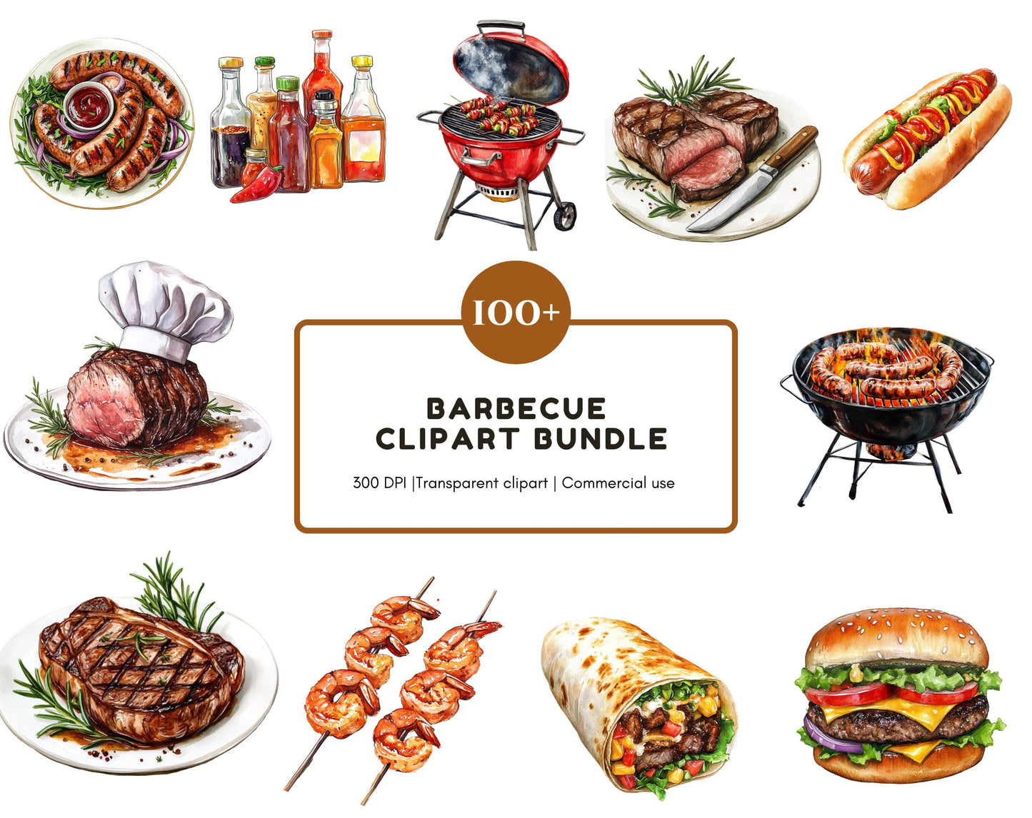 Grill-Clipart-Bundle (PNG), Aquarell-Grill-Clipart (PNG), BBQ-Clipart, Lebensmittel-Clipart, Grillgrafiken, Sofort-Download