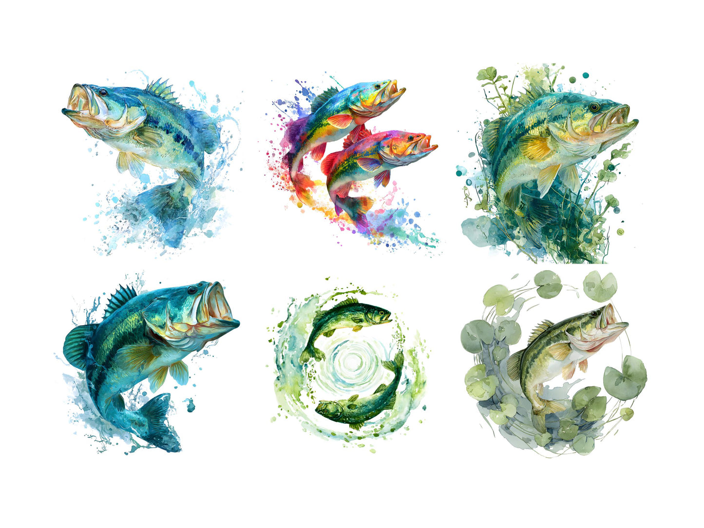 Clipart-Bundle mit springenden Barschen (PNG), Clipart-Sammlung mit springenden Barschen, lustige Barsch-Cliparts, Aquarell-Fisch-Cliparts