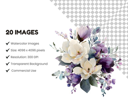 Lila Blumen-Clipart-Bundle (PNG), Aquarell-Clipart lila Blumen, Clipart lila Blumenstrauß (PNG), Sammlung lila Blumen-Clipart